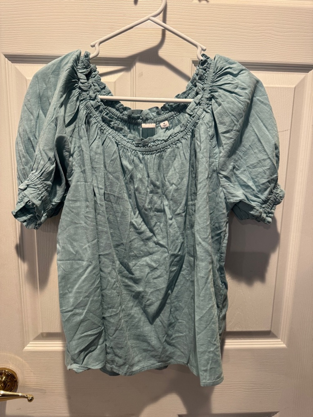 GAP Light Teal Smocked Neck Puff Sleeve Women's Top